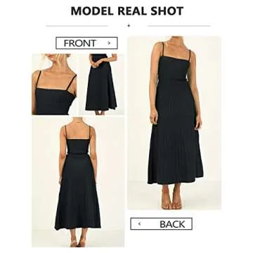 Uusollecy Women's Ribbed Knit Adjustable Spaghetti Straps Square Neck Summer Party Maxi Long Dress Black L