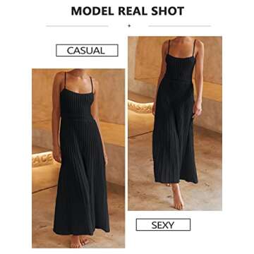 Uusollecy Women's Ribbed Knit Adjustable Spaghetti Straps Square Neck Summer Party Maxi Long Dress Black L