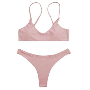 SherryDC Women's Solid Scoop Neck Push Up Padded Brazilian Thong Bikini Swimsuit,Pink,M