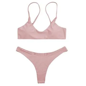 SherryDC Women's Solid Scoop Neck Push Up Padded Brazilian Thong Bikini Swimsuit,Pink,M