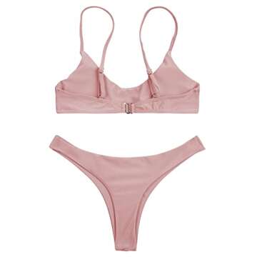 SherryDC Women's Solid Scoop Neck Push Up Padded Brazilian Thong Bikini Swimsuit,Pink,M