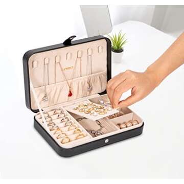 LANDICI Small Jewelry Box for Women Girls, PU Leather Travel Jewelry Case, Portable Jewelry Organizer Storage Holder Display for Ring Earrings Necklace Bracelet Bangle Men Kids Gift, Black
