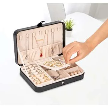 LANDICI Small Jewelry Box for Women Girls, PU Leather Travel Jewelry Case, Portable Jewelry Organizer Storage Holder Display for Ring Earrings Necklace Bracelet Bangle Men Kids Gift, Black