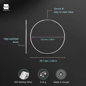 Amberta® 925 Sterling Silver Fine Circle Endless Hoops - Polished Round Sleeper Earrings Diameter Size: 20 30 40 60 75 mm (75mm)