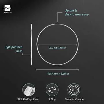 Amberta® 925 Sterling Silver Fine Circle Endless Hoops - Polished Round Sleeper Earrings Diameter Size: 20 30 40 60 75 mm (75mm)