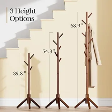 Pipishell Wooden Coat Tree Adjustable 3 Heights with 8 Hooks