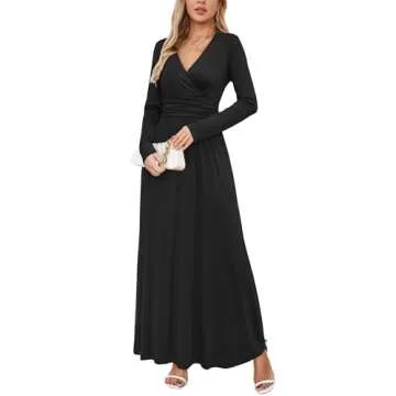 OUGES Womens Long Sleeve Black Dress V-Neck Wrap Waist Fall Formal Maxi Dress Winter Dresses for Wom...
