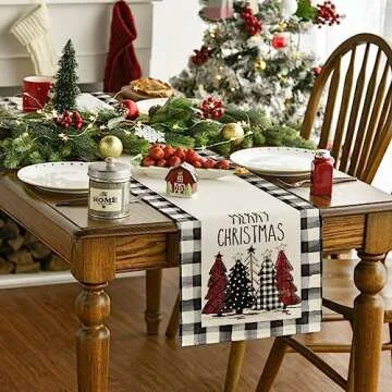 Artoid Mode Waterclor Buffalo Plaid Christmas Trees Merry Xmas Table Runner, Seasonal Winter Holiday...