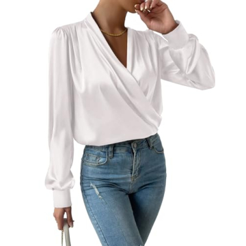Vrtige Women's Satin Silky Draped Wrap V Neck Ruched Long Sleeve Blouse Shirt Top - Elegant Style fo...
