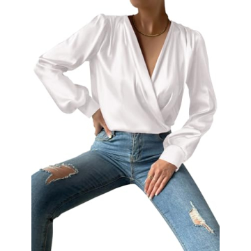 Vrtige Women's Satin Draped Wrap Blouse in White