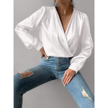 Vrtige Women's Satin Draped Wrap Blouse in White