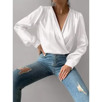 Vrtige Women's Satin Draped Wrap Blouse in White