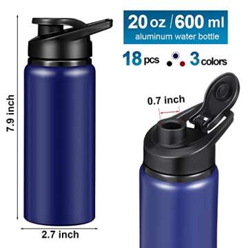 18 Pack 20 oz Reusable Aluminum Water Bottles Bulk Metal Sports Water Bottles Multipack for Gym Hiking Cycling Sports Outdoor