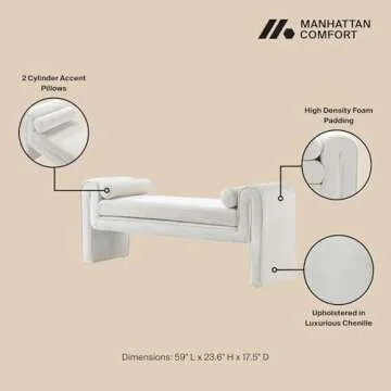 Manhattan Comfort Concord 59" Chenille Bench with 2 Accent Pillows, Modern Upholstered Ottoman End of Bed Seating for Bedroom, Entryway or Living Room, Fully Assembled, Ivory