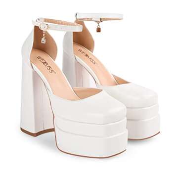wetkiss Platform Heels for Women Platform Chunky Heels Platform Chunky Pumps Ankle Strap Pumps for Women White Platform Heels Women's Pumps Ankle Strap Heels