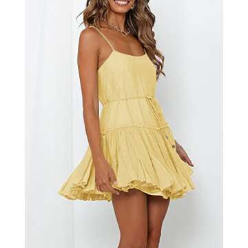Onedreamer Women Summer Dress Spaghetti Strap Waist Tie Ruffle Mini A Line Flowy Tiered Short Dresse...