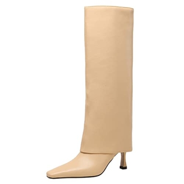 Goolita Women's Stiletto Heel Knee High Boots Square Toe Slip On Fold Over Boots For Women Leather Comfortable Dress Tall Boots