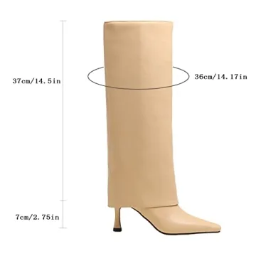 Goolita Women's Stiletto Heel Knee High Boots Square Toe Slip On Fold Over Boots For Women Leather Comfortable Dress Tall Boots