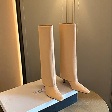 Goolita Women's Stiletto Heel Knee High Boots Square Toe Slip On Fold Over Boots For Women Leather Comfortable Dress Tall Boots