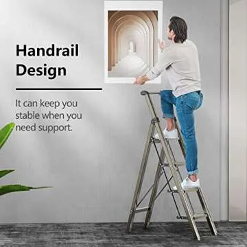 GameGem 4 Step Ladder, Folding Step Stool with Anti-Slip and Wide Pedal, Gold Ladder with Handgrip, ...