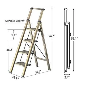 GameGem 4 Step Ladder, Folding Step Stool with Anti-Slip and Wide Pedal, Gold Ladder with Handgrip, Lightweight Aluminum Space Saving Stepladder for Home and Kitchen, 330 lbs Capacity