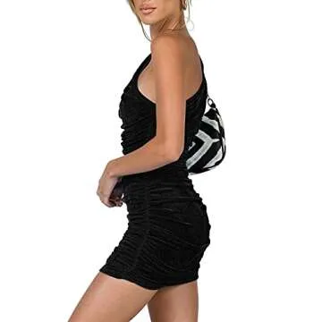 LYANER Women's Sexy One Shoulder Ruched Sleeveless Bodycon Mini Dress Black Medium