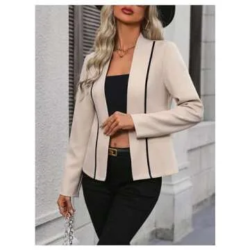 MakeMeChic Women's Contrast Binding Long Sleeve Blazer Casual Open Front 3/4 Sleeve Office Outwear Jackets Apricot Medium
