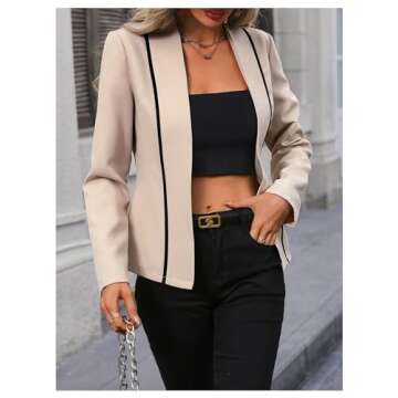 MakeMeChic Women's Contrast Binding Long Sleeve Blazer Casual Open Front 3/4 Sleeve Office Outwear Jackets Apricot Medium