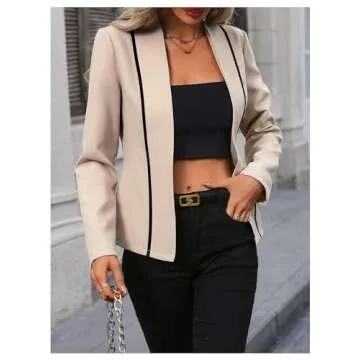 MakeMeChic Women's Contrast Binding Long Sleeve Blazer Casual Open Front 3/4 Sleeve Office Outwear Jackets Apricot Medium