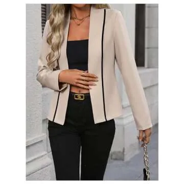 MakeMeChic Women's Contrast Binding Long Sleeve Blazer Casual Open Front 3/4 Sleeve Office Outwear Jackets Apricot Medium