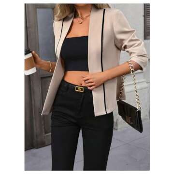MakeMeChic Women's Contrast Binding Long Sleeve Blazer Casual Open Front 3/4 Sleeve Office Outwear Jackets Apricot Medium