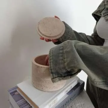 AME GEMELLA Travertine Stone Treat Jar with Lid - Premium Dog and Cat Treat Container - Elegant, Food-Safe Storage - Heavy, Non-Slip, Easy to Clean - Modern Pet Treat Canister (Tulum)