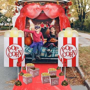 Thyle 13 Pcs Halloween Trunk or Treat Car Decorations Fun Red Carpet and Popcorn Theme Car Archway Garage Decoration with Adhesive Halloween Decorations for Cars Outdoor Parties Home Window Wall House
