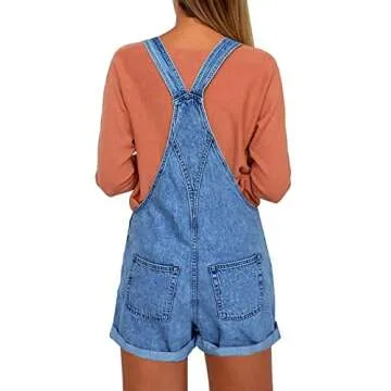 Vetinee Women's Medium Denim Blue Classic Adjustable Straps Cuffed Hem Denim Bib Overall Shorts Larg...