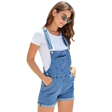Vetinee Women's Medium Denim Blue Classic Adjustable Straps Cuffed Hem Denim Bib Overall Shorts Large