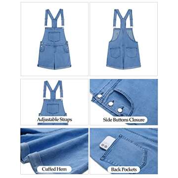 Vetinee Women's Medium Denim Blue Classic Adjustable Straps Cuffed Hem Denim Bib Overall Shorts Large