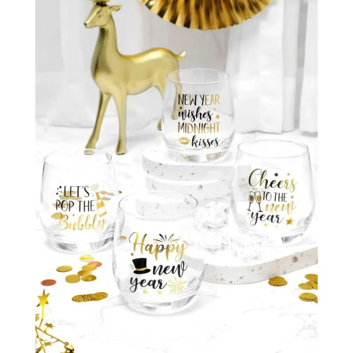 New Year Stemless Wine Glasses - 4PCS Set 12oz