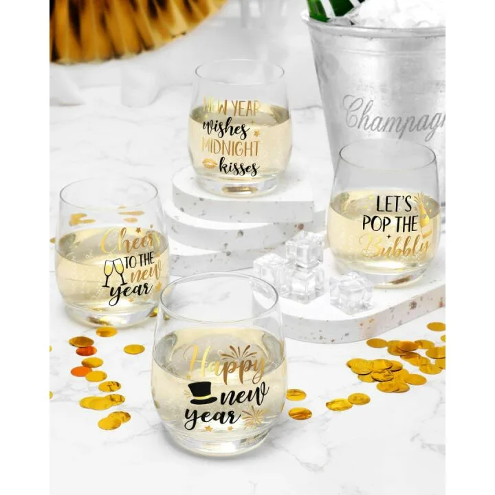 New Year Stemless Wine Glasses - 4PCS Set 12oz