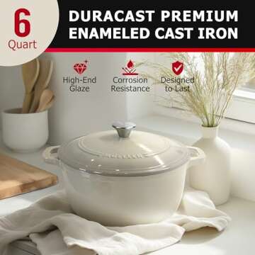 Mueller Cast Iron Dutch Oven Pot with Lid, 6 Quart Enameled, Dual Handles, Stainless Steel Knob, Ste...