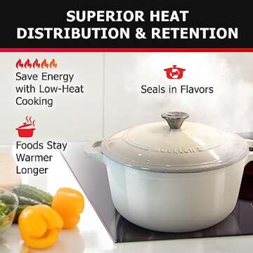 Mueller Cast Iron Dutch Oven Pot with Lid, 6 Quart Enameled, Dual Handles, Stainless Steel Knob, Stew Pot, Induction Pot - For Braising, Roasting, Baking, Cast Iron Bread Pan with Lid, White