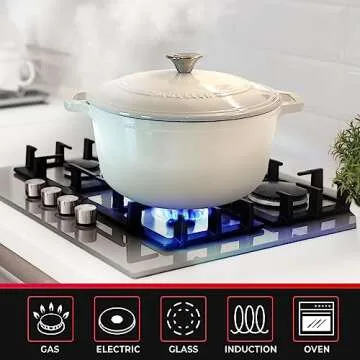 Mueller Cast Iron Dutch Oven Pot with Lid, 6 Quart Enameled, Dual Handles, Stainless Steel Knob, Stew Pot, Induction Pot - For Braising, Roasting, Baking, Cast Iron Bread Pan with Lid, White