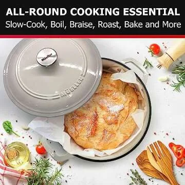 Mueller Cast Iron Dutch Oven Pot with Lid, 6 Quart Enameled, Dual Handles, Stainless Steel Knob, Stew Pot, Induction Pot - For Braising, Roasting, Baking, Cast Iron Bread Pan with Lid, White
