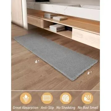 Upgraded Waffle Runner Rug Super Absorbent Non Slip Bath Mats for Bathroom Machine Washable Bathroom Runner Rug with Tassels, Ideal for Hallway Bedroom Laundry Room, Light Grey, 2' x 6'(24" x 72")