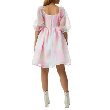 Women's Puff Sleeve Tulle Princess Dress Off Shoulder Square Neck Fairy Mini Dress Tie Dye Party Prom Evening Dresses (US, Alpha, Large, Regular, Regular, Multicolor)