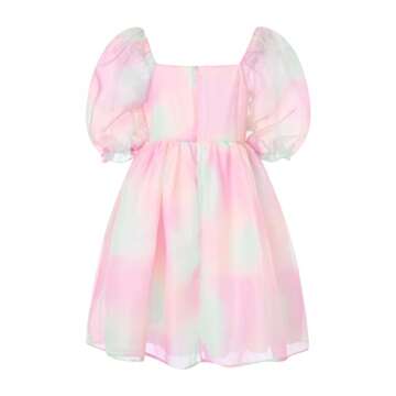 Women's Puff Sleeve Tulle Princess Dress Off Shoulder Square Neck Fairy Mini Dress Tie Dye Party Prom Evening Dresses (US, Alpha, Large, Regular, Regular, Multicolor)