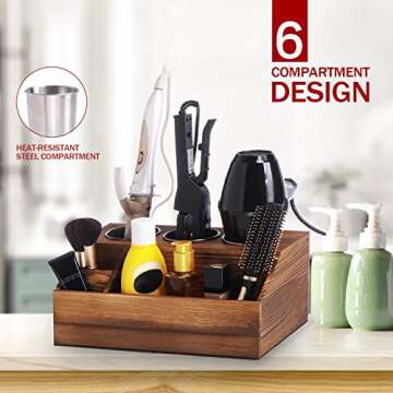 ROLOWAY Wooden Hair Tool Organizer - Blow Dryer Holder - Curling Iron Holder - Flat Iron Holder - Hair Styling Tools & Accessories Organizer - Bathroom Vanity Countertop Organizer (Torched Brown)