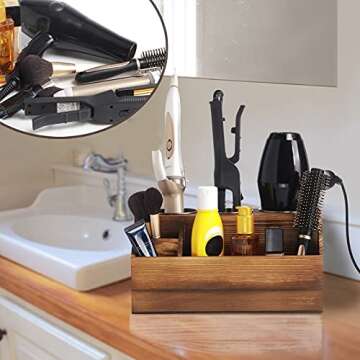 ROLOWAY Wooden Hair Tool Organizer - Blow Dryer Holder - Curling Iron Holder - Flat Iron Holder - Hair Styling Tools & Accessories Organizer - Bathroom Vanity Countertop Organizer (Torched Brown)
