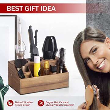 ROLOWAY Wooden Hair Tool Organizer - Blow Dryer Holder - Curling Iron Holder - Flat Iron Holder - Hair Styling Tools & Accessories Organizer - Bathroom Vanity Countertop Organizer (Torched Brown)