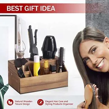 ROLOWAY Wooden Hair Tool Organizer - Blow Dryer Holder - Curling Iron Holder - Flat Iron Holder - Hair Styling Tools & Accessories Organizer - Bathroom Vanity Countertop Organizer (Torched Brown)