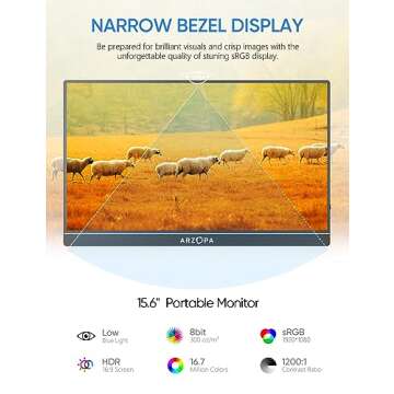 ARZOPA Portable Monitor 15.6'' FHD 1080P Portable Laptop Monitor IPS Computer External Screen USB C HDMI Display for PC MAC Phone Xbox PS5- A1 GAMUT